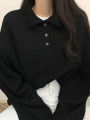 Oversized Polo T-Shirt Women Korean Fashion Preppy Style Pullover Tops Ladies Autumn Winter Casual Long Sleeve Plush Sweatshirts. 