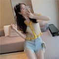 v Collar T T-shirt Short-Sleeved Summer Clothes Hot Girl Ice Silk Knitted Cardigan Design Sense Navel Purple Short Top Niche Style. 