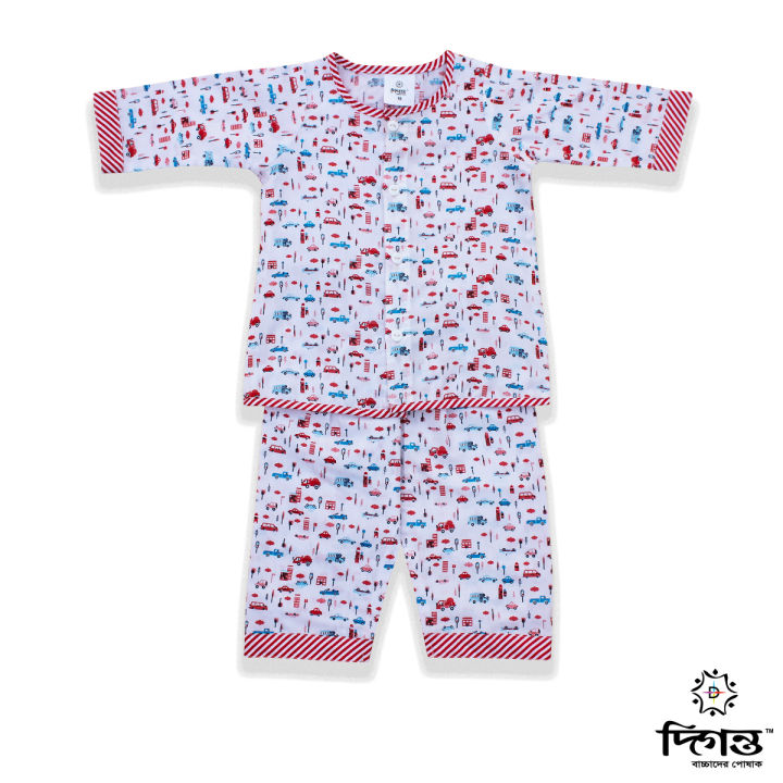 White Red Car Print Fine Cotton Fatua Set for Baby Boys Dress