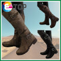 Women Round Toe Mid Calf Boots Female Matte Leather Knight Boot Woman Buckle Square Low Heel Shoes Footwear. 