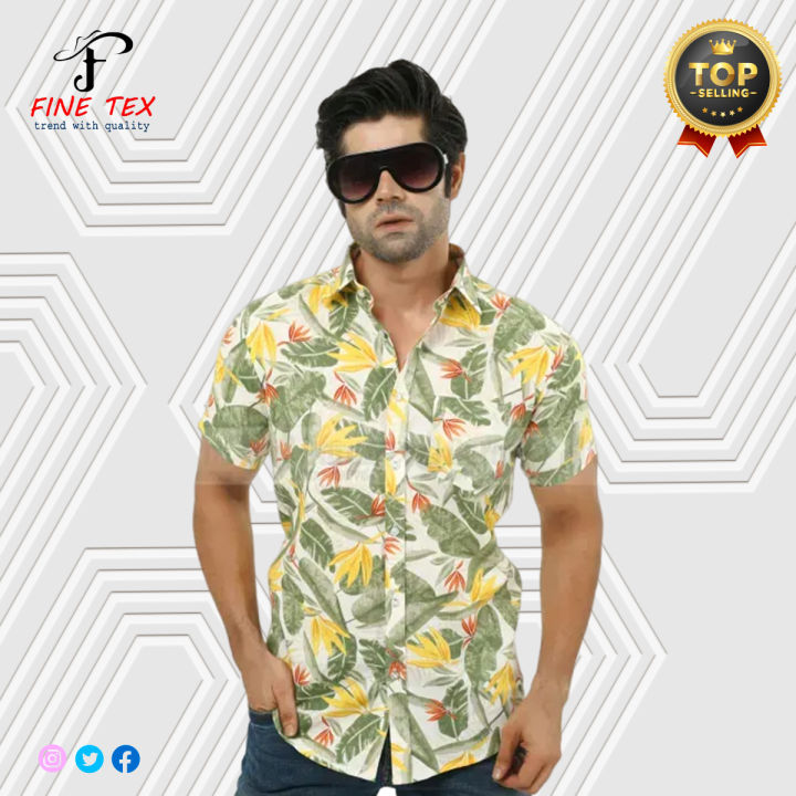 Remi Cotton Green Yellow Color Printed Casual Half Sleeve Shirt