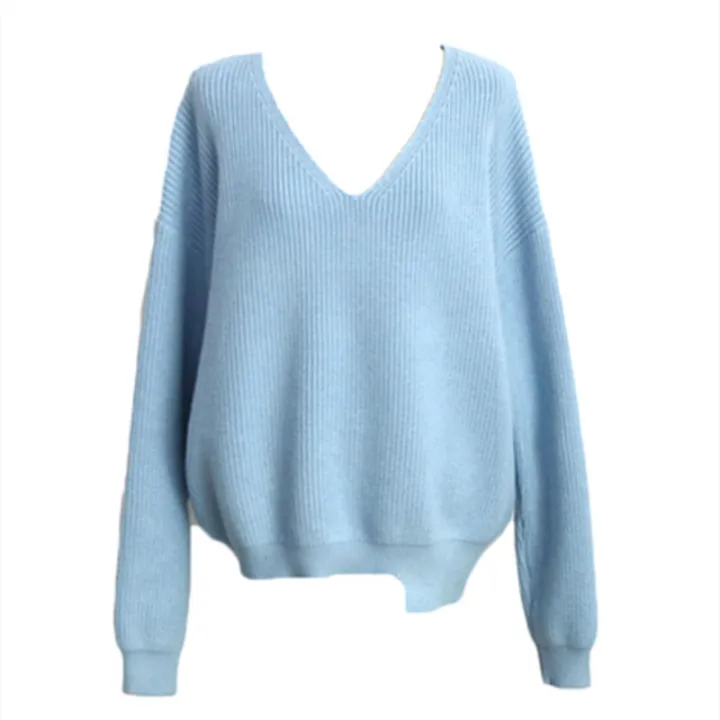 2024%20Autumn%20and%20Winter%20Korean%20Style%20V%20Collar%20Loose%20Lazy%20Style%20Simple%20Irregular%20Hem%20Pullover%20Sweater%20Bottoming%20Sweater%20for%20Women%20-%20Image%205