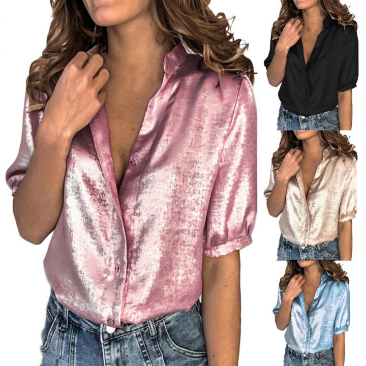 Elegant%20Solid%20Color%20Women%20Satin%20Shirt%20Blouse%202021%20Spring%20Fashion%20V-Neck%20Single-breasted%20Top%20Lady%20Casual%20Short%20Sleeve%20Blusa%20Mujer%20-%20Image%207
