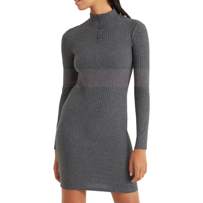 Women's Solid Color Ribbed Slim Fit Crew Neck Mini Length Bodydress From Levin
