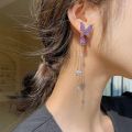 1 Pair Trendy Korean Purple Crystal Butterfly Drop Earring for Women Girls Fashion Tassel Chain Rhinestone Earring Party Wedding Jewelry Gift. 
