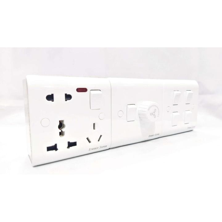 Energy Super Gang Switch Economy Value Pack: 4 Gang Switch + Fan Dimmer + 13A Multi Socket + 3-Gang Plastic Box.