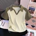 Sweet and Spicy Drawstring Contrast Color Short Sleeve polo Collar T T-shirt Women's Summer Loose Slimming Chic Half Sleeve Top. 