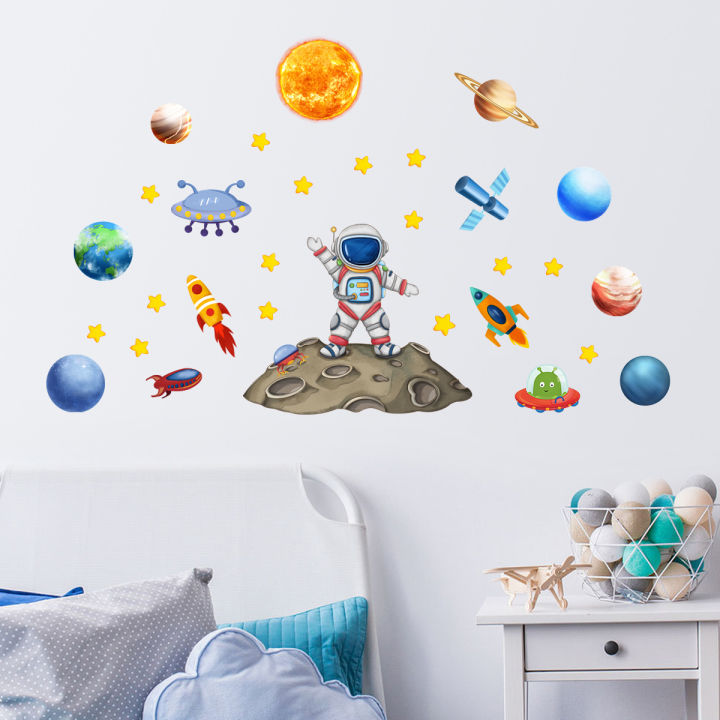 Cartoon Space Astronaut Wall Stickers Creative Home Wall Decor Self-adhesive Kids Room Decoration Bedroom Background Wall Decor
