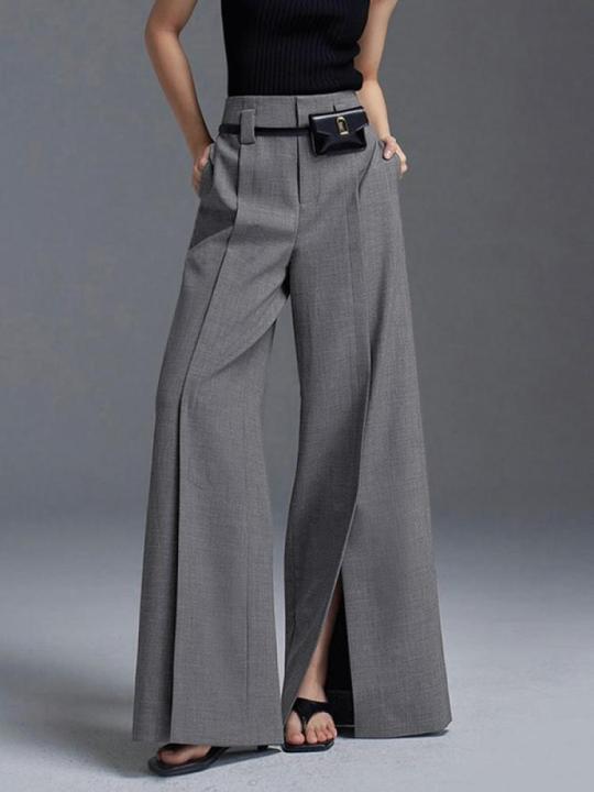 Lemongor Urban Office Lady Fashion Split-Front Pleated Wide Leg Suit Pants Spring Autumn High-Waisted Casual Trousers For Women