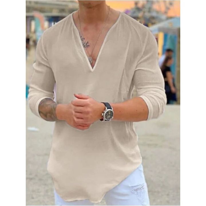 2024%20new%20men's%20linen%20long%20sleeve%20T-shirt%20Breathable%20shirt%20solid%20color%20casual%20basic%20cotton%20linen%20shirt%20top%20-%20Image%202