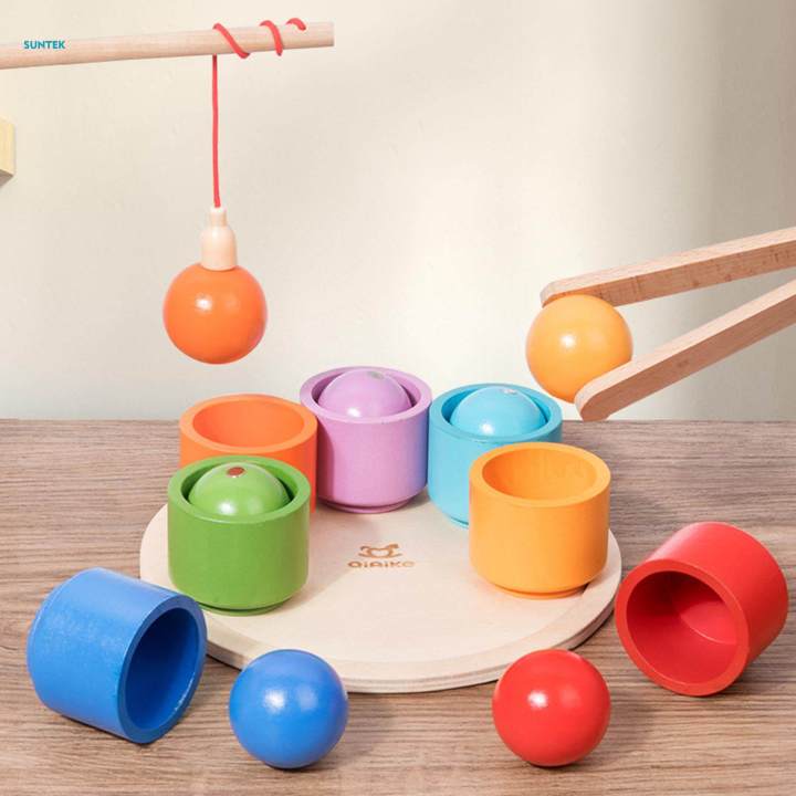 Rainbow Balls in Cups Wooden Sorter Game Wooden Sorting Balls Toys for Primary Activity Kindergarten