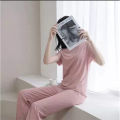 Women Home Wear Two-Piece Clothes V-Neck Solid Color Short Sleeve T-shirt + Long pant by Tashza Collection - Night Dress For Women. 