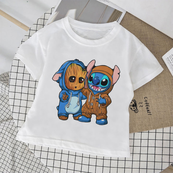 Disney White Outdoor Comfy Kids T-Shirts Stitch & Groot Creativity Popular Exquisite 3-12T High Quality Child T Shirts Hot Sell