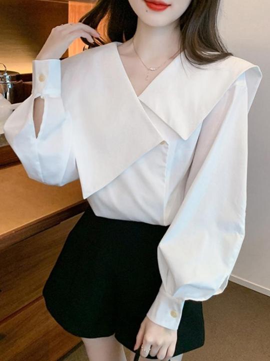M47%20Spring%20New%20Irregular%20Large%20Lapel%20White%20Shirt%20Women's%20Design%20Sense%20Minority%20Fashion%20Temperament%20Bishop%20Sleeves%20Top%20-%20Image%205