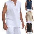 Men Shirt Solid Color V Neck Loose Lace Up Summer Top for Daily Wear. 