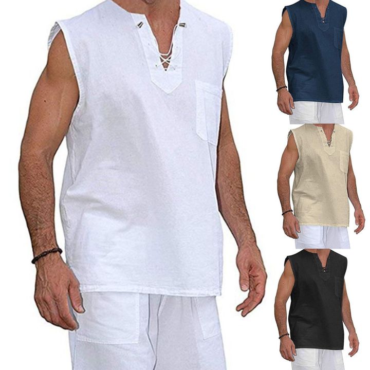 Men%20Shirt%20Solid%20Color%20V%20Neck%20Loose%20Lace%20Up%20Summer%20Top%20for%20Daily%20Wear%20-%20Image%204