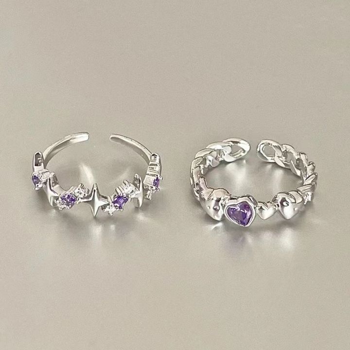 ins sweet wind purple diamond love zircon open ring female four-pointed star niche cold wind light luxury personality ring
