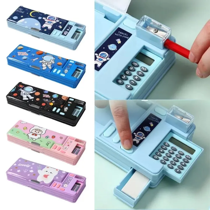 With Calculator Pencil Case Double Layer Pencil Sharpener Pencil Box Plastic Astronaut/Animal Design Stationery Storage Box