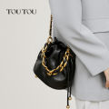 TOUTOU Genuine Leather Quilted Drawstring Bucket Bag for Women with Chain Strap Crossbody Handbag for Daily Use and Commuting. 