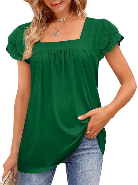 Women%20%20U-neck%20T-shirt%20Double%20layer%20Lace%20Short%20Sleeve%20Ladies%20Pullover%20Tops%20Shirt%20Casual%20T-shirt%20-%20Image%203