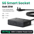UGREEN GaN 20W S6 Smart Socket 8 in 1 Smart Socket Flame Retardant Shell 8 Port (1*USB-C 3*USB-A 4*AC) With 1.4 Meter Power Cord. 
