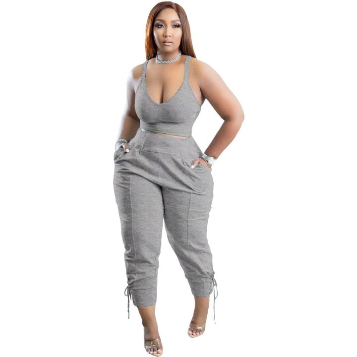 Sleeveless%20Plus%20Size%20Sets%20Summer%20Clothes%20for%20Women%202%20Piece%20Crop%20Top%20Long%20Pants%20Stracksuit%20Solid%20Color%20Wholesale%20Dropsping%20-%20Image%206