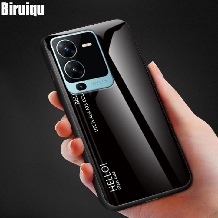 Biruiqu For VIVO V25 Pro Shockproof Gradient Tempered Glass Back Soft Silicone Edge Case Cover
