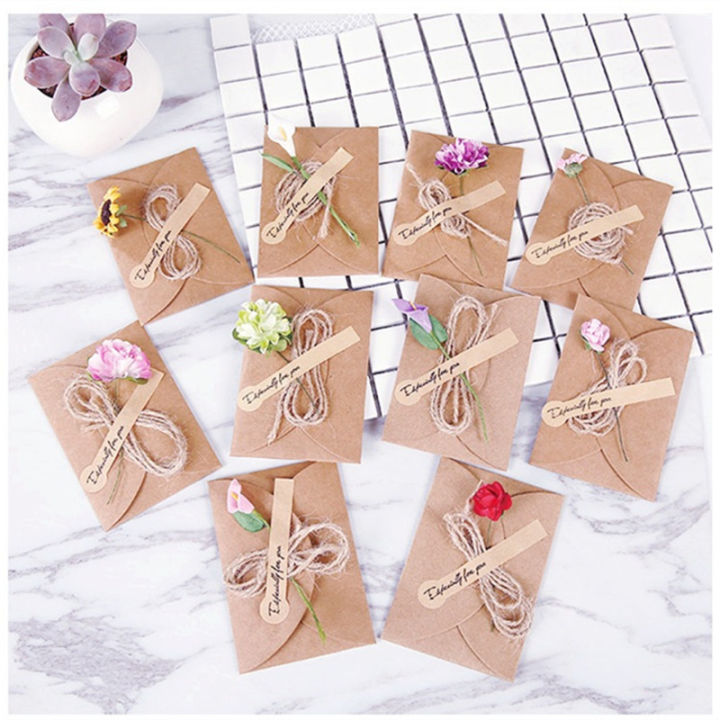 5/10pcs Handmade Dry Flower DIY Kraft Paper Invitation Greeting Card Inner Paper With Ribbon Envelope Seals Wedding Favors