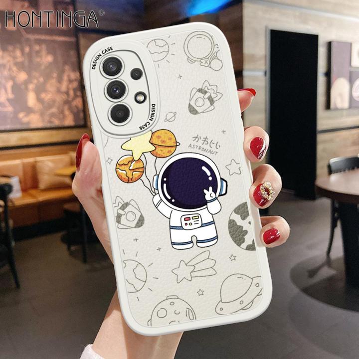 Hontinga for Samsung Galaxy A13 4G Back Cover PU Leather Space Astronaut Case Soft Silicone Edge Phone Cases