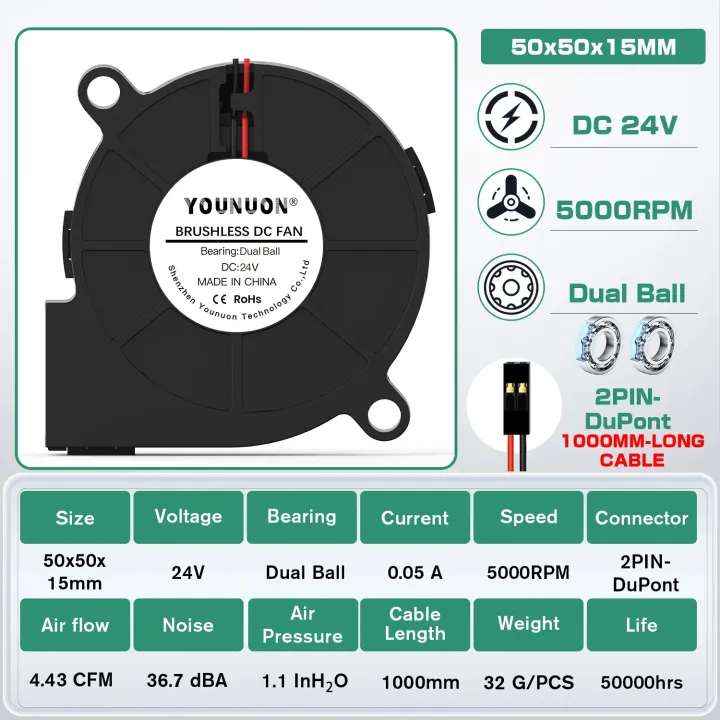 2PCS%205015%205cm%20DC%205V%2012V%2024V%202Pin%20Dual%20Ball/Hydraulic%20Bearing%20Brushless%20Cooling%20Turbine%20Blower%20Fan%2050mm%20x%2015mm%20Blower%20Cooler%20Fan%20-%20Image%207