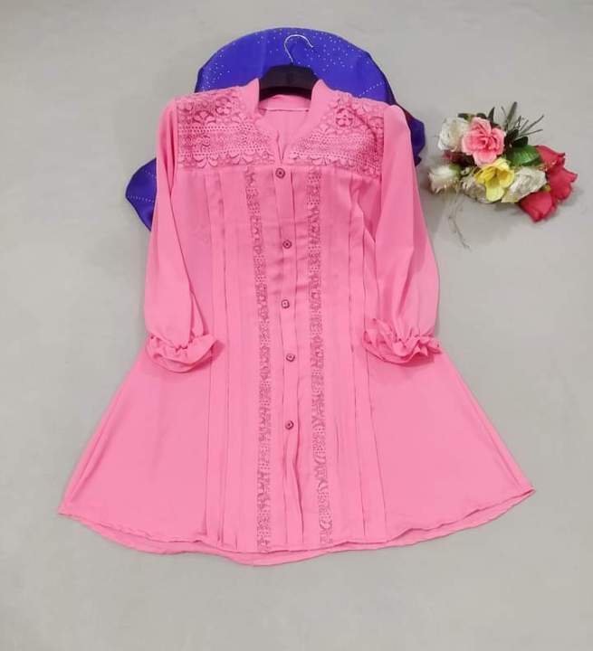 Western Fashion Pink Color Floral Tops Long kurti Premium Soft Cheri Georgette Ladies Shirt for Girls