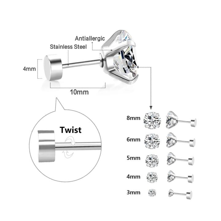 【LuckyBabyFans Store】Luxusteel 1pairs/2PCs stainless steel crystal studs earrings for Women Men prong Tragus round clear cubic ear