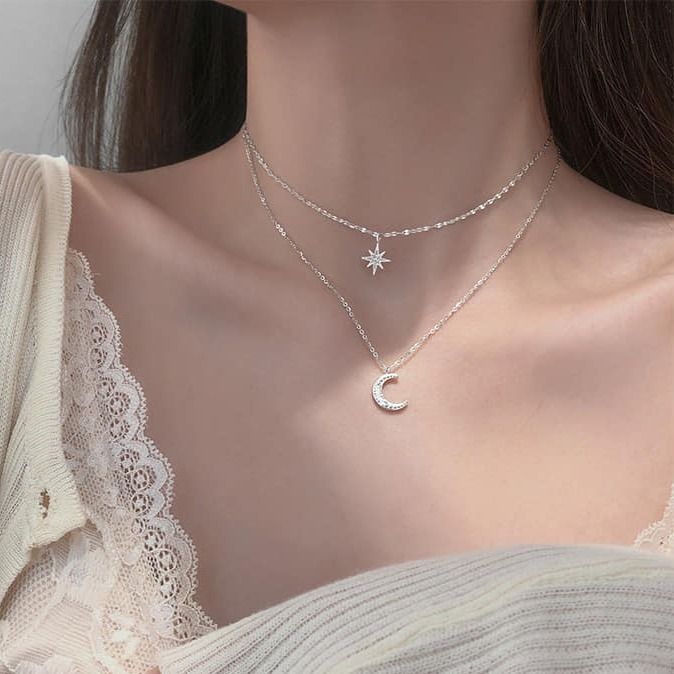 New Zircon Moon Pendant Necklace for Women Fashion Jewelry Double Layer Star Moon Charm Chain For Women