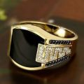 Classic Men's Ring Fashion Metal Gold Color Inlaid Black Stone Zircon Punk Rings for Men Engagement Wedding Luxury Jewelry. 