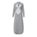 Women’s Printed Long Sleeve V-neck Dress Split Hem Baggy Kaftan Long Dress.