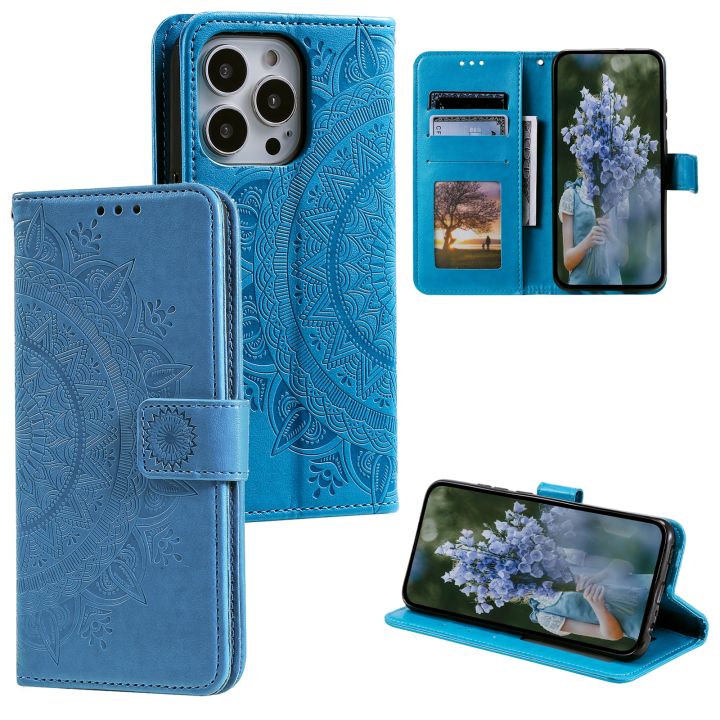 Totem Flower Embossed Leather Phone Case For iPhone 15 Pro Max/iPhone 15 Pro/iPhone 15/iPhone 15 Plus