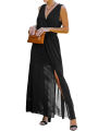 Women’s Casual Sleeveless Long Dress Fashion Solid Color V-neck Bandage High Waist Slit Dress. 