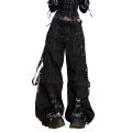 Women Cargo Jeans Striped Zipper Button Closure Loose Casual Trousers Streetwear with Pockets Fall Spring Clothes Punk Y2K 90s.