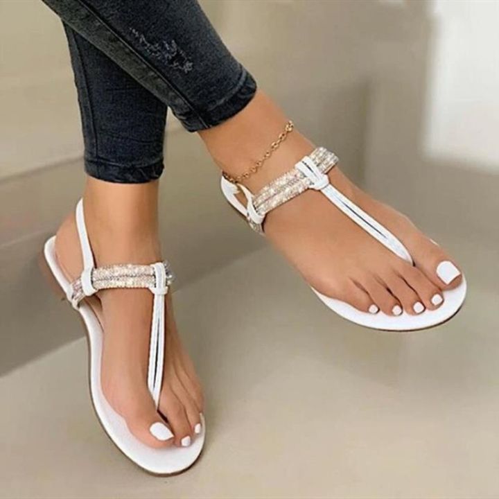 2023 Summer Ladies Sandals Fashion Bling Rhinestone Flats Shoes for Women Sequined Cloth Open Toe Casual Flip Flops Plus Size