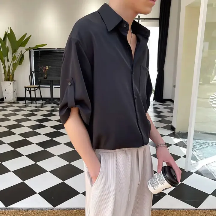 2023%20Summer%20New%20Korean%20Fashion%20Ice%20Silk%20Short%20Sleeve%20Shirt%20Men%20Half-sleeved%20Lapel%20Solid%20Color%20Casual%20High%20Quality%20Shirts%20for%20Men%20-%20Image%204