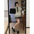 Three Piece Set/Single-Piece College Style Spring and Autumn New Knitted Vest Sweater Female Students+Shirt+Pleated Skirt. 