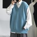 Men Sweater Vest V Neck Knitted Sweater Sleeveless All Match Spring Sweater for School Male Loose Korean Preppy Style Streetwear. 