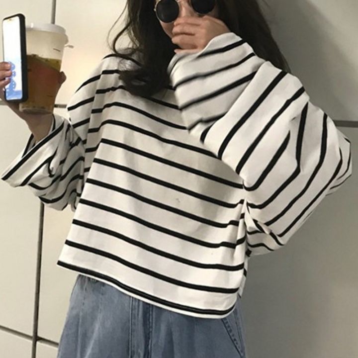 Black and White Striped Long Sleeve T T-shirt Female Student Base T T-shirt Women's Striped New Blended Cotton Korean Style Loose round Neck All-Matching