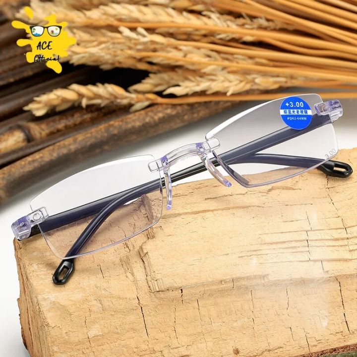 Luxury diamond cut reading glasses men rimless anti blue light