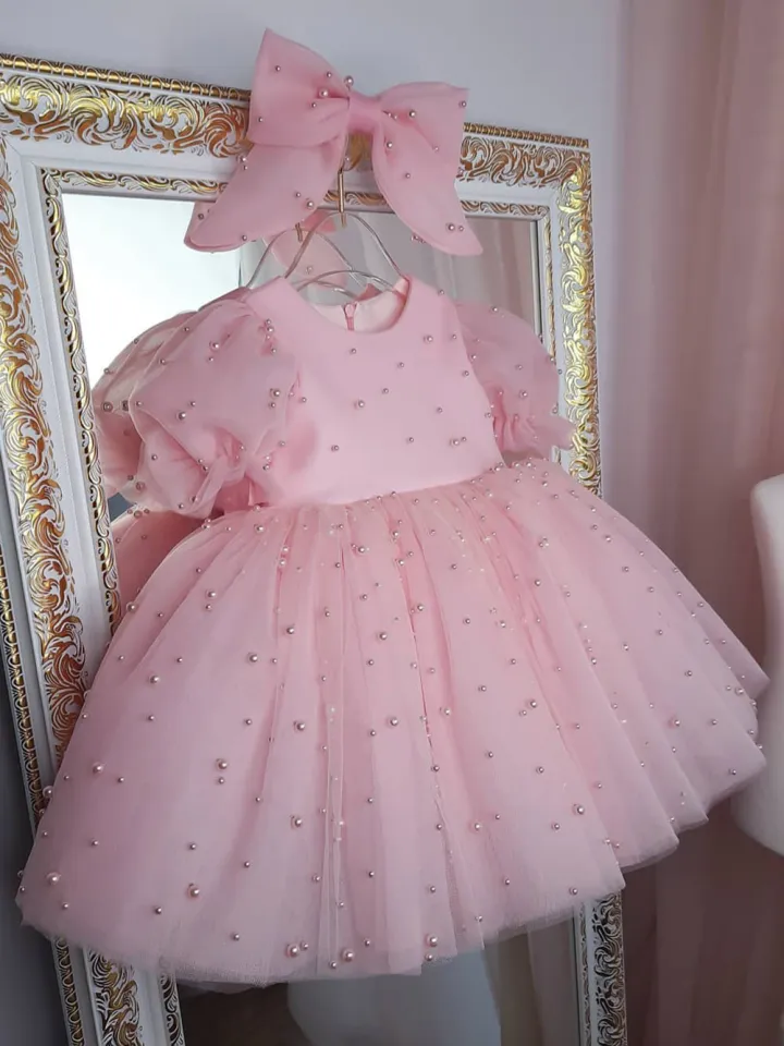Puffy Pink Flower Girl Dress Pearl Sleeves Princess Dress Girl