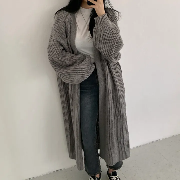 Korean%20version%20lazy%20wind%20pit%20strip%20long%20sweater%20women's%20coat%202023%20new%20solid%20color%20loose%20balloon%20sleeve%20knitted%20cardigan%20tide%20-%20Image%203