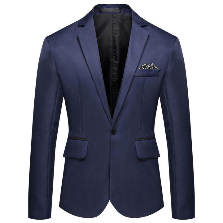 Fashion Men Blazer Coat One Button Lapel Casual Men Blazer Suit Jacket Long Sleeve Decorative Pocket Suit Coat Wedding