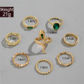 8Pcs Vintage Geometry Snake Green Crystal Open Ring Set for Women Accessories. 