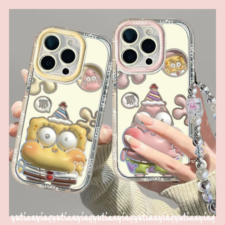 Cute Spongebob Cartoon Patrick Star Bracelet Case For Samsung A12 A15 A05 A05s A14 A13 A55 A02s A24 A10s A34 A03s A35 A25 A03 A51 A34 M12 A54 M01S Luxury Mirror Make Up Soft Case