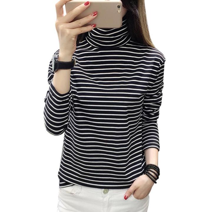 Women Black White Striped Long Sleeve T-Shirt Korean Style Turtleneck Tops